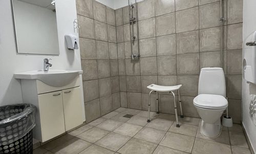 Stort badeværelse med toilet og bad